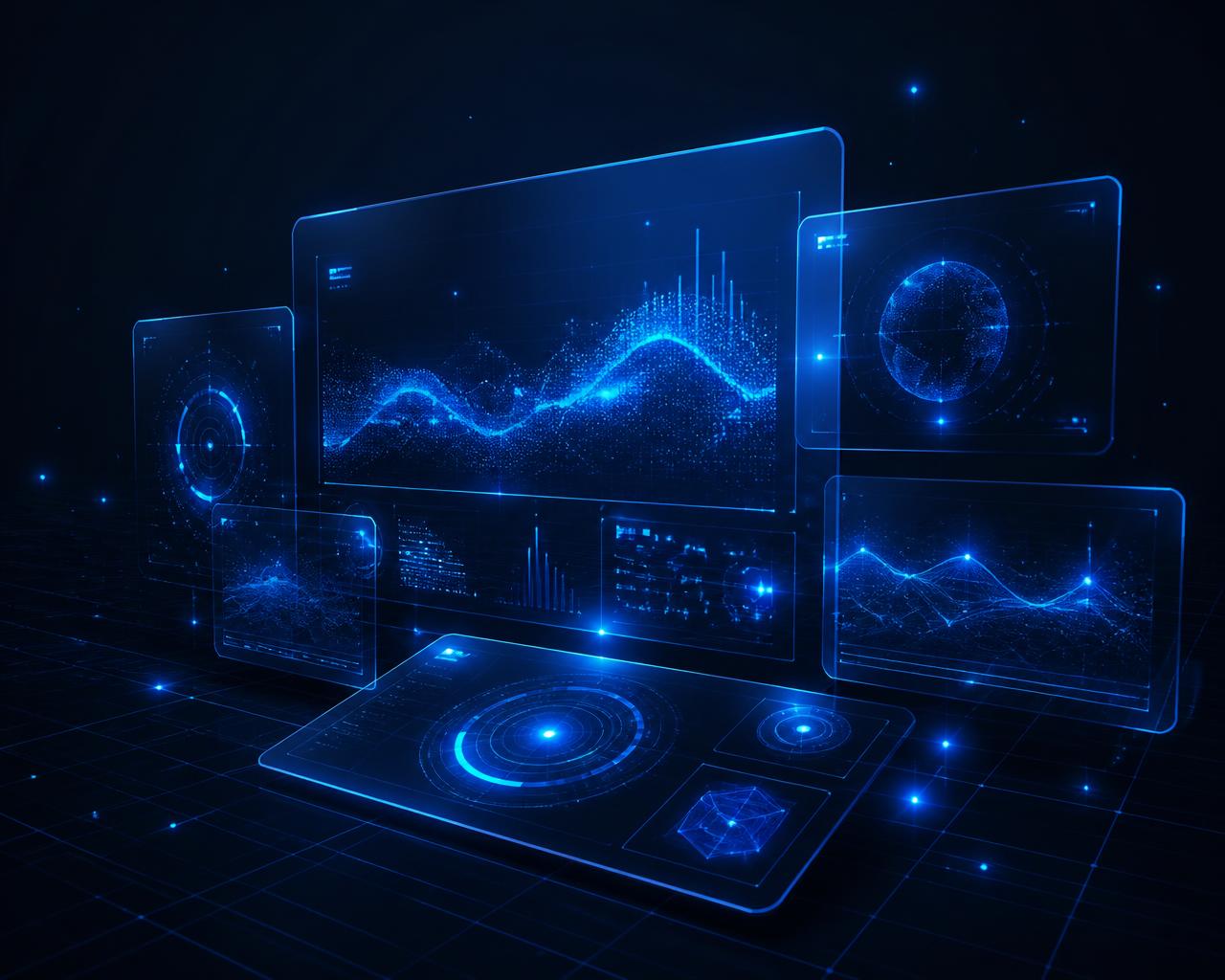 Abstract holographic analytics dashboards representing Nirvar Soft technology solutions